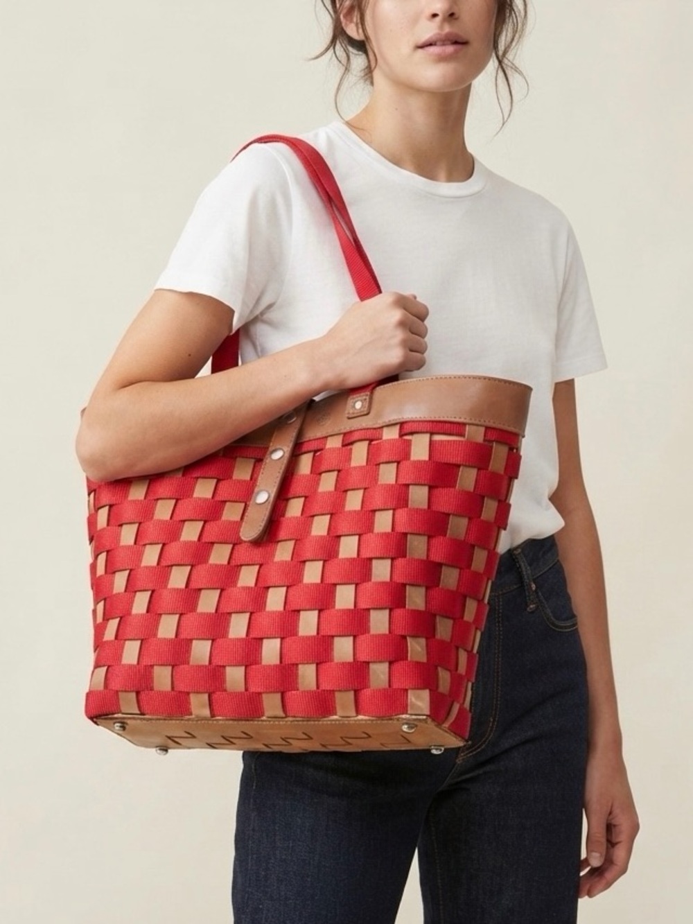 Longaberger Large To-Go Tote Bag in Red Nylon, Wood Weave & Leather Trim